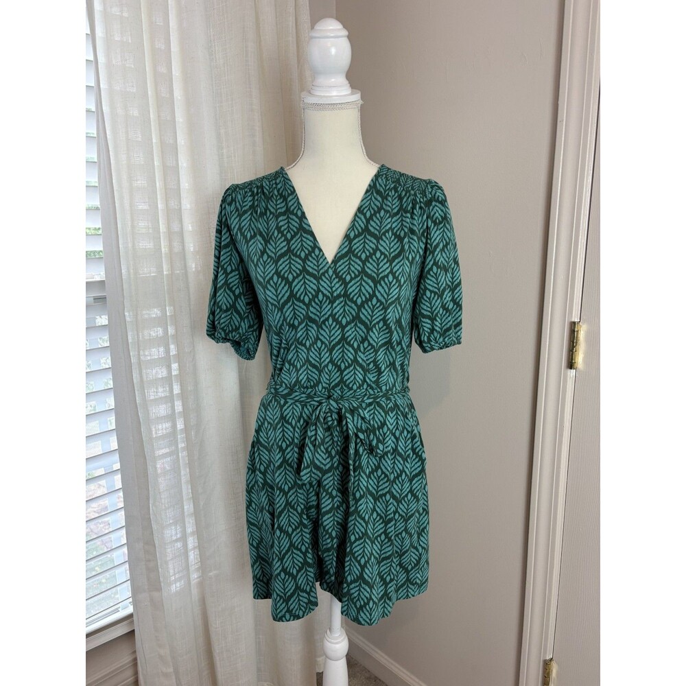 Boden Women’s Teal Blue Leaf Print Belted Wrap Romper UK 12R US 8R Short Sleeve